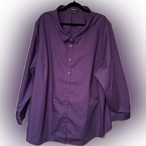 Roamans Sz 32W Purple Women's button down blouse w/ pleat back & slouch collar